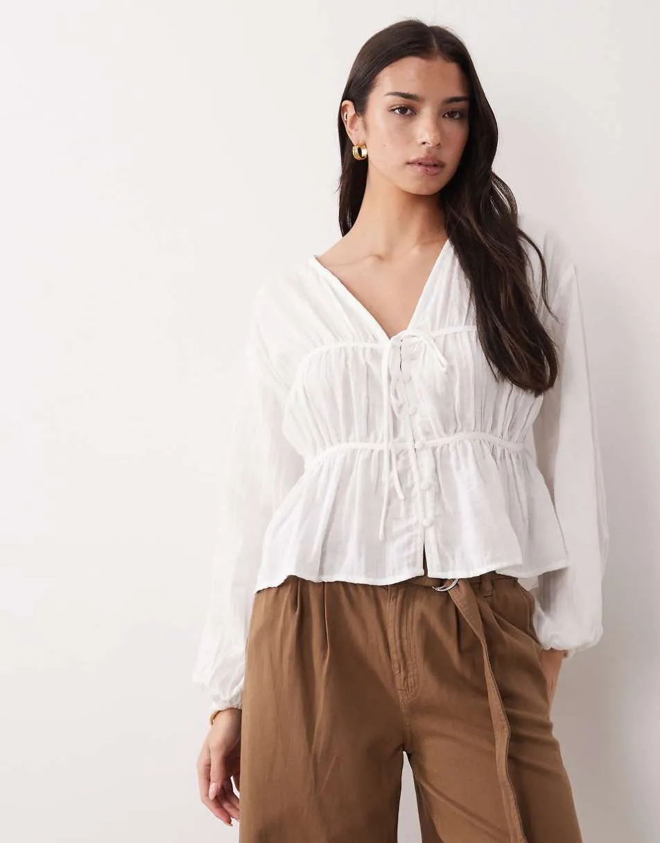ASOS DESIGN long sleeve smock top with button front in ivory
