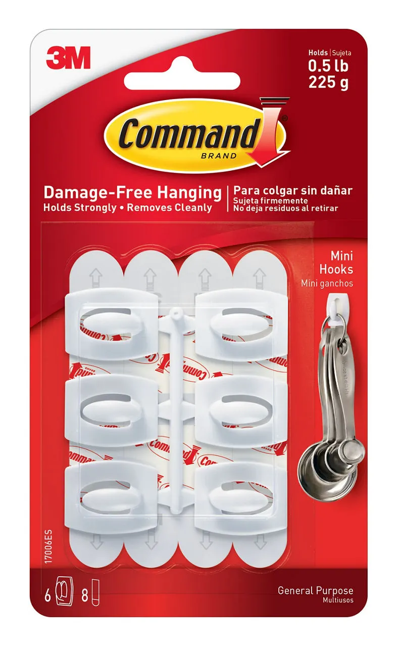 Command Mini Wall Hooks, White, Damage Free Decorating, Six Hooks and Eight Command Strips