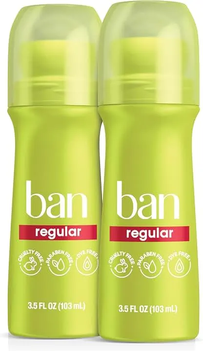 Ban Invisible Roll-On Antiperspirant Deodorant, Regular Scent, 3.5 oz, 2pk | 24-Hour Sweat & Odor Protection, Roll-On Antiperspirant for Women and Men, Bulk 2-Pack Value, Invisible Dry Finish Ban Invisible Roll-On Antiperspirant Deodorant, Re…