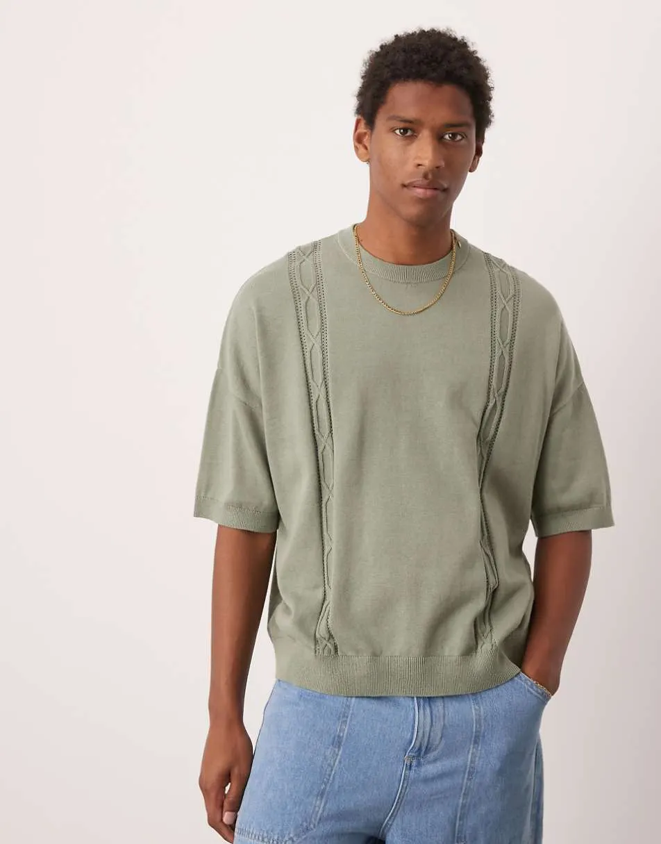 ASOS DESIGN oversized fit knitted crew neck t-shirt with embroidery detail in sage green