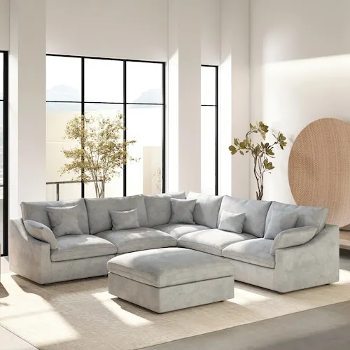 Magic Home Modular Large 238 in. Flared Arm 5-Piece L-shaped Linen Cloud Couch Sectional Sofa in. Gray