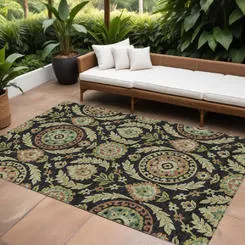HomeRoots 8' X 10' Black Gold And Copper Floral Washable Indoor Outdoor Area Rug