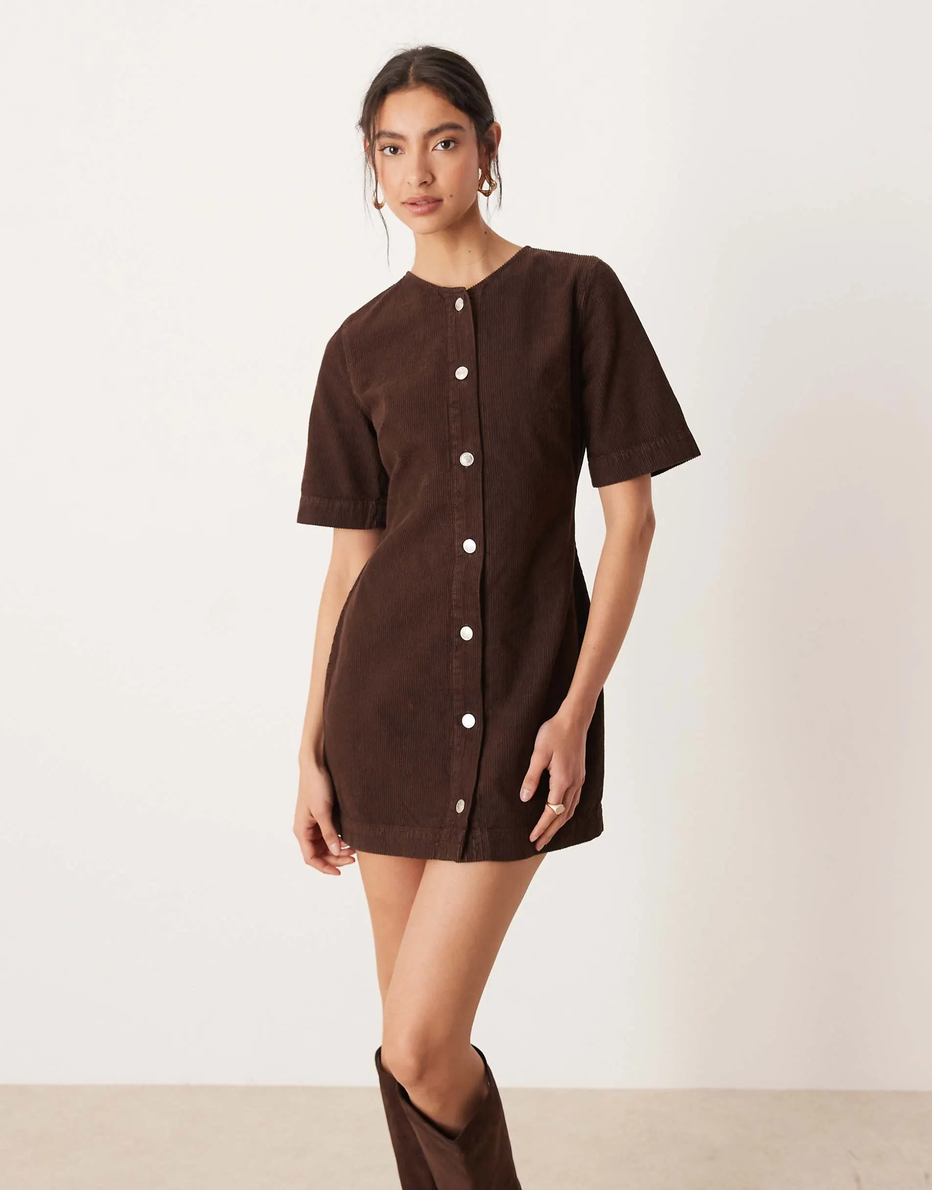 ASOS DESIGN cord button through mini dress in chocolate brown