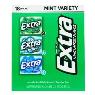 Extra Sugar Free Chewing Gum, Mint Variety Pack, 15 Sticks, 18-Count