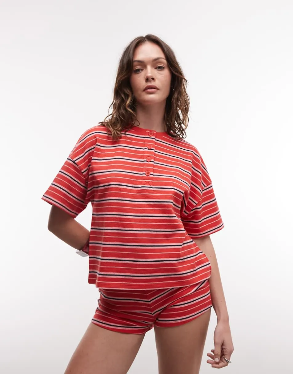 ASOS DESIGN textured knit boxy henley t-shirt in red stripe