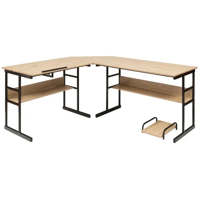 Escritorio Esquinero 170+150cm, Escritorio L con 2 Formas Divididas, Mesa de Dibujo Inclinable, Mesa Gaming L Grande con 2 Estantes Inferiores
