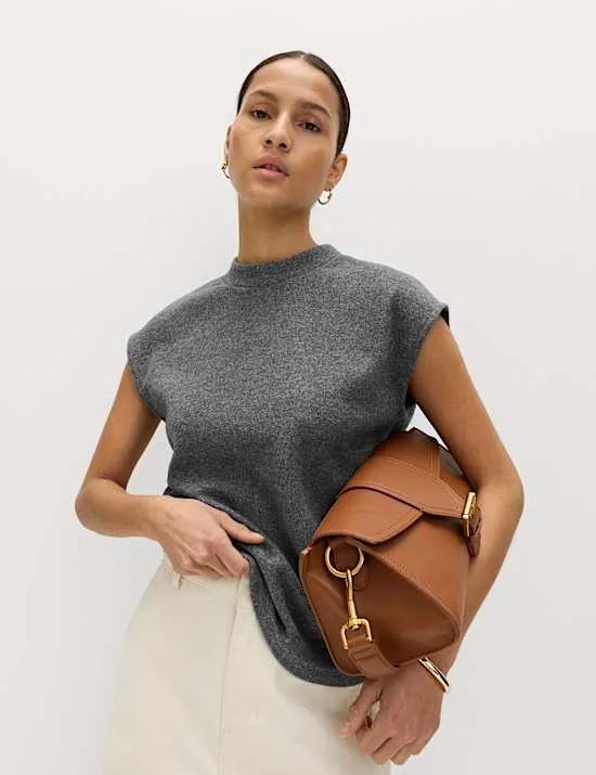 Oberteil aus Baumwollmischgewebe in Strickoptik mit Stehkragen