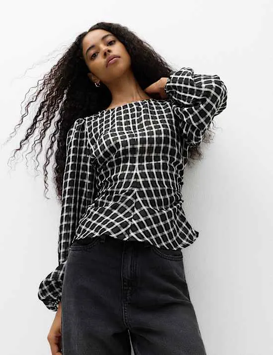 Checked Gathered Waisted Blouson Sleeve Blouse