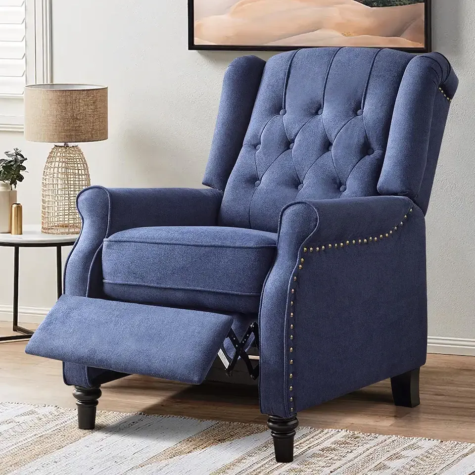 Bonzy Home Wingback Pushback Recliner Chair, High Back Upholstered Armchair with Solid Wood Legs, Rivet Decoration, Blue