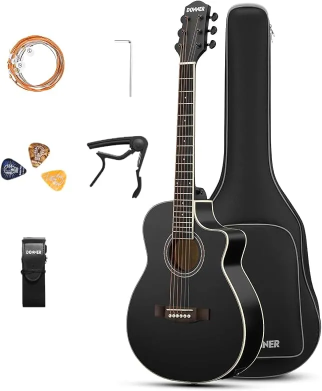 Donner Voyager Acoustic Electric Guitar Kit, JF Cutaway 3/4 Guitar with Built-in Pickup & Tuner, 3-Band EQ, Portable Travel Guitar Bundle with…