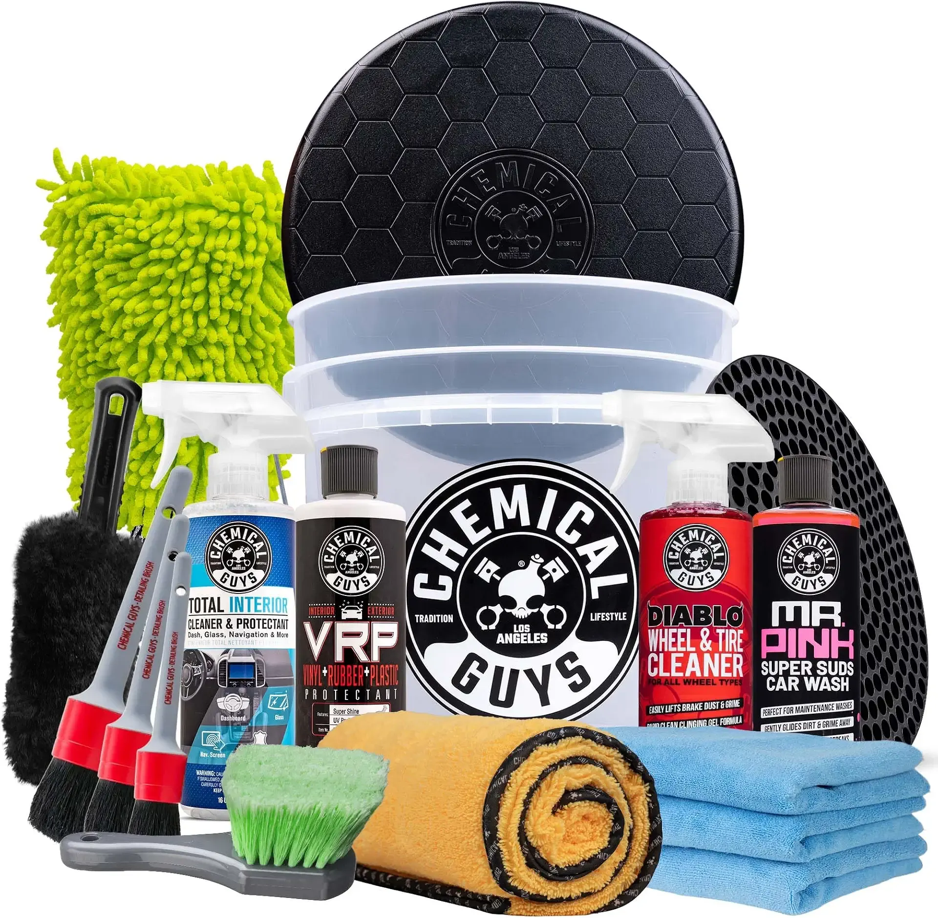 Chemical Guys 17-Piece Car Detailing Kit, Interior & Wheel Cleaner & Wash | All-in-one set for weekend and first-time users, brushes, bucket and pro-grade soap lift dirt from seats, rims and paint