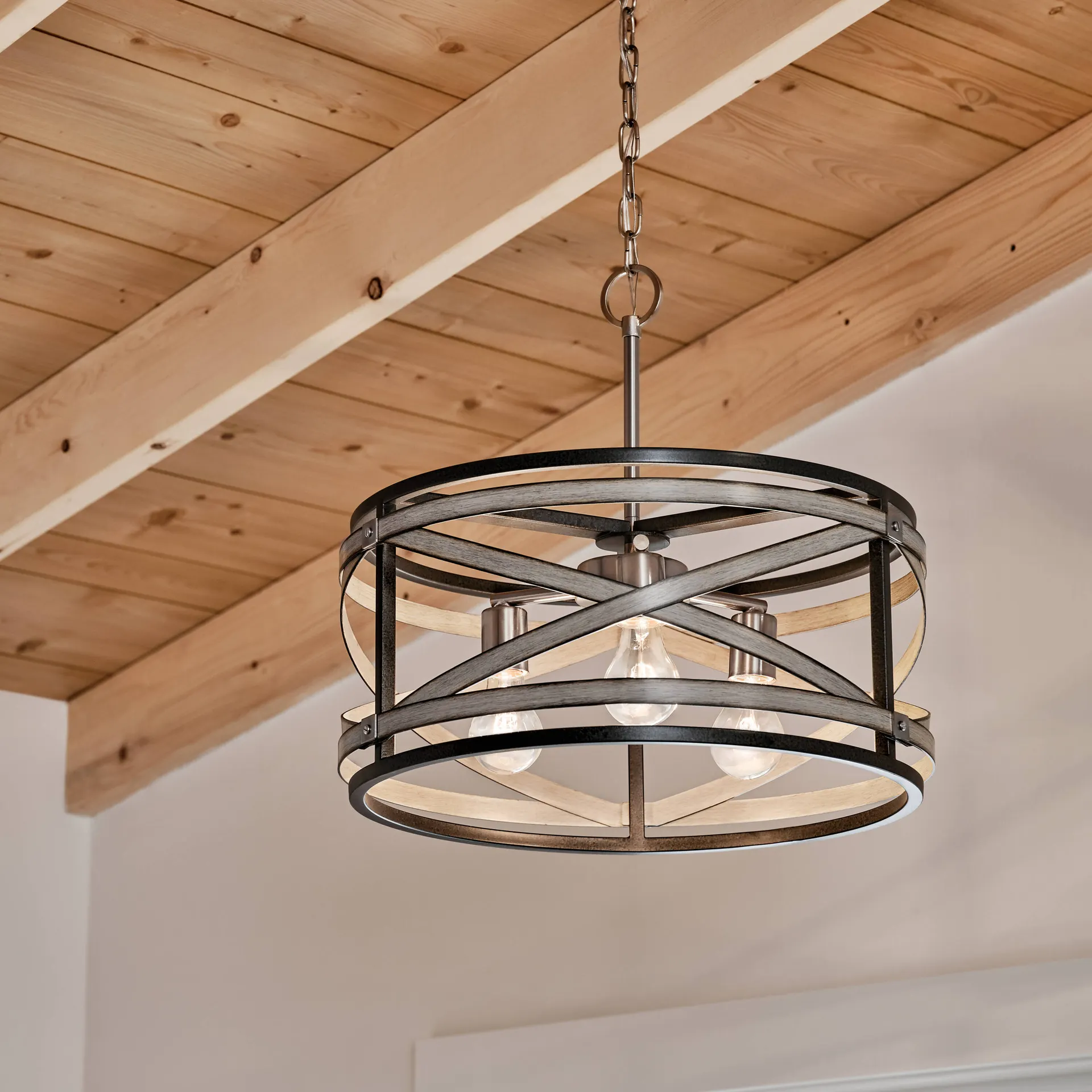 Stetton 3 -Light Anvil Iron and Distressed Antique Grey Farmhouse Drum Medium Hanging Pendant Light