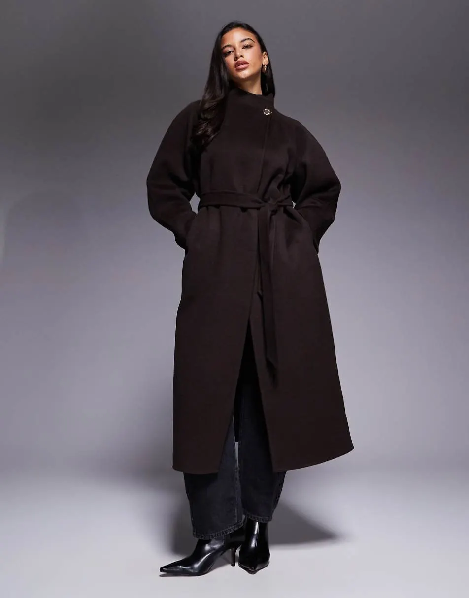 ASOS DESIGN premium wool rich longline coat with gold button in chocolate
