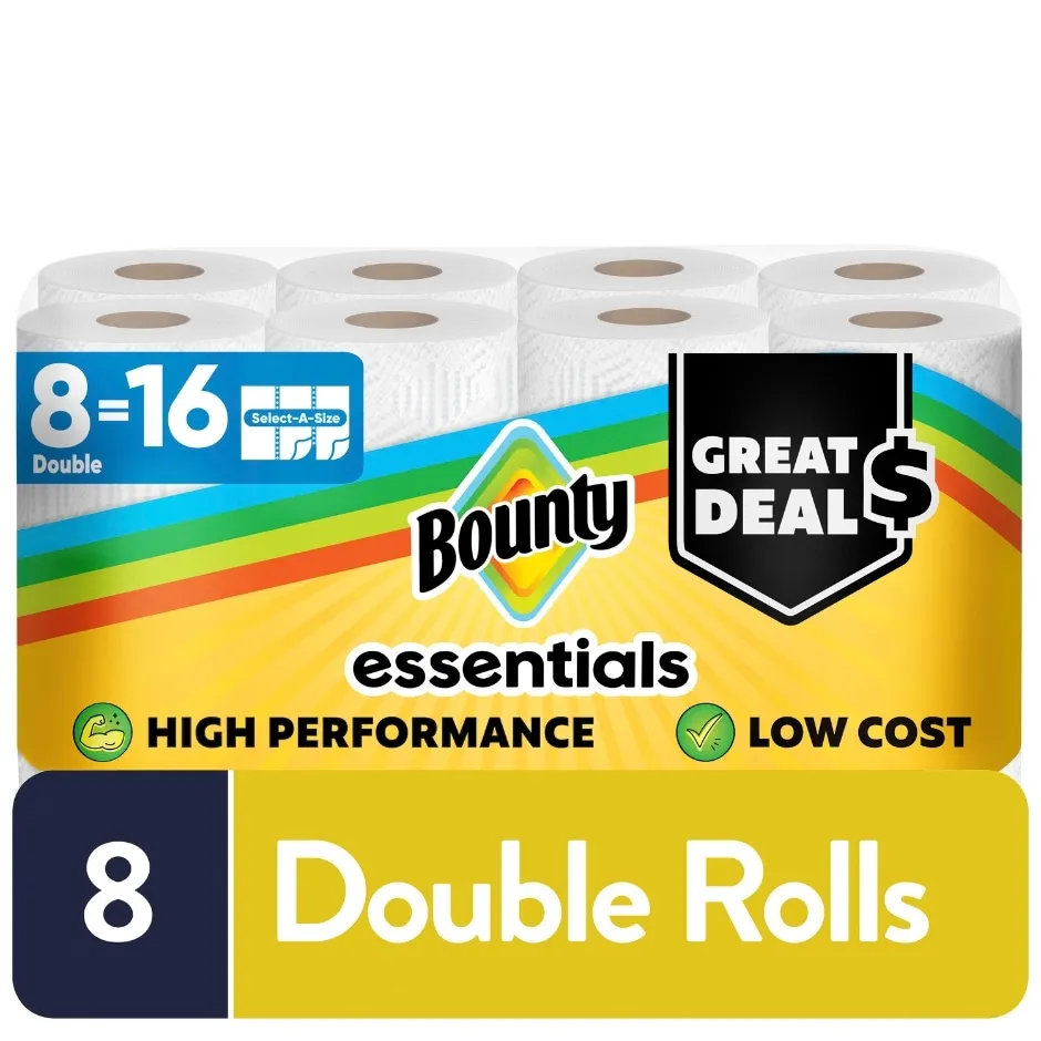 Bounty Essentials Select-A-Size Paper Towels, 8 Double Rolls, White, 108 Sheets Per Roll