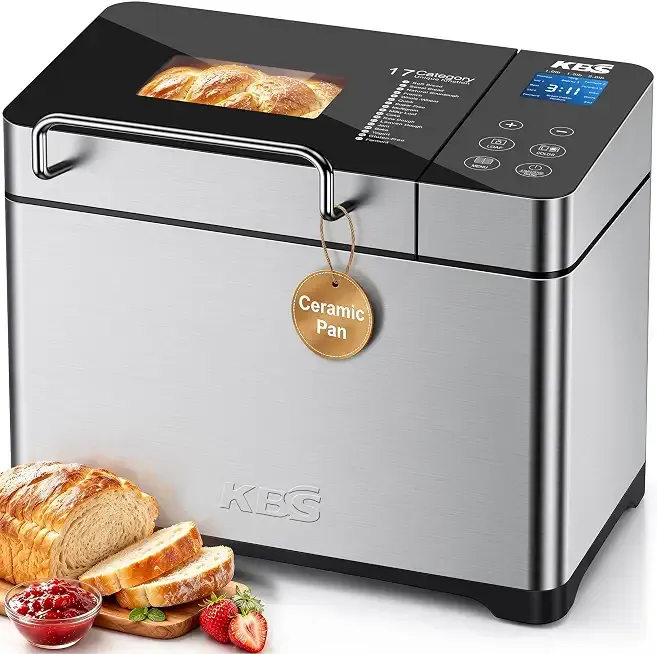 KBS Pro 710W 2.2LB Bread Maker, Stainless Steel 17-in-1 Smart Bread Machine with Healthy Ceramic Pan, Automatic Nut Dispenser, Tempered Glass Touch Panel, 3 Crust Colors, 15H Timer &Keep-Warm, Recipes