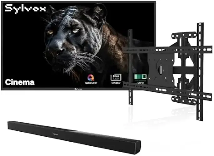 SYLVOX 65 inch Outdoor Mini-LED QLED TV with Wall Mount & Soundbar, 4K UHD, 2000 Nits Full Sun, Anti-Glare Screen, 120Hz, IP56 Waterproof, Dual 30W Dolby Atmos Speaks (Cinema/2025)