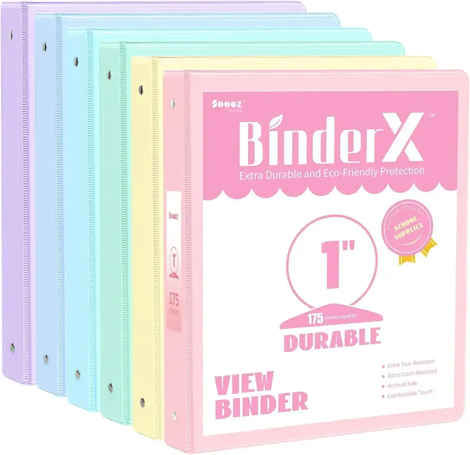 6 Pack Extra Durable 3 Ring Binders 1 inch, Sooez 1” Three Round Ring Binders with Pockets, Cute Customizable Clear View Cover for 8.5 x 11 Letter Size Papers, Pastels School Office Supplies for Girl