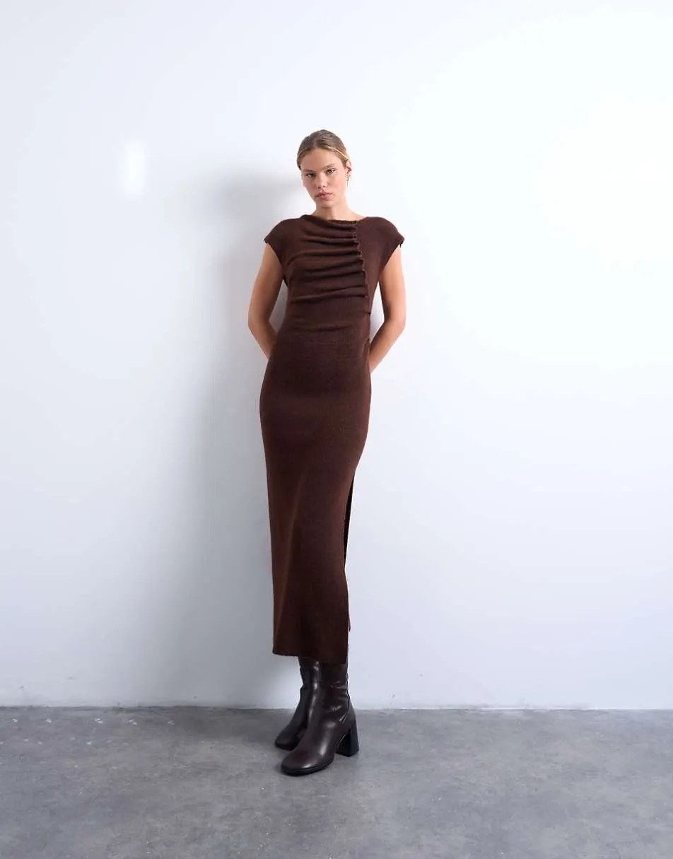 Topshop knitted ruffle button asymetric dress in chocolate