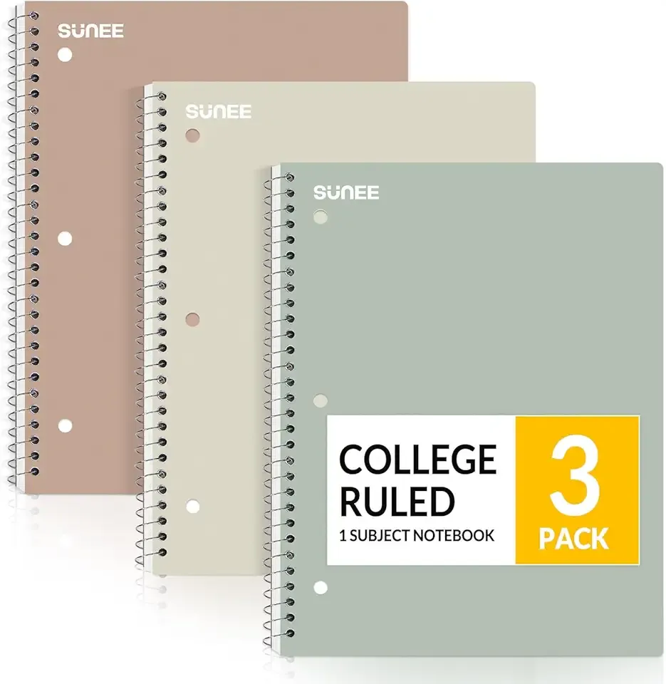 SUNEE Spiral Notebooks, 3 Pack, 1-Subject, College Ruled Paper, 8" x 10-1/2", 70 Sheets per Notebook, Assorted Aesthetic Colors Spiral Notebooks for School