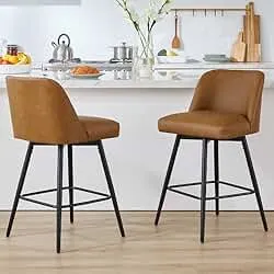 Coolazy 360°Swivel Counter Height Bar Stools Set of 2,Upholstered Morden Kitchen Barstools with High Backs,26" H Seat Height,Faux Leather (Faux Leather-Saddle Brown , 2 Pieces - 26" Counter Height)