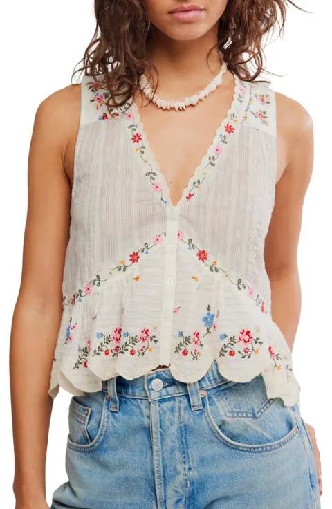 Ellis Embroidered Cotton Button-Up Top