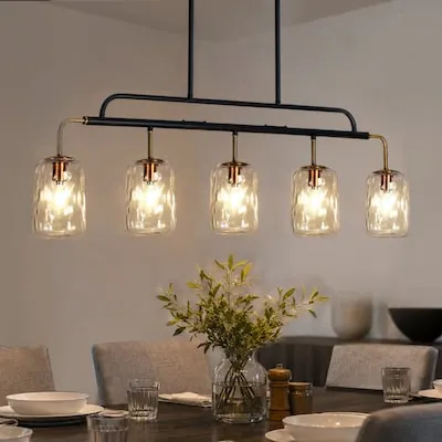 Beloit 3 -Light Matte Black Farmhouse Seeded glass Linear Large Hanging Kitchen Island Light