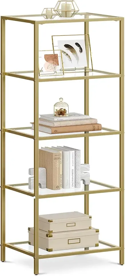 Bookcase, 5-Tier Bookshelf, Slim Shelving Unit for Bedroom, Bathroom, Home Office, Tempered Glass, Steel Frame, Metallic Gold ULGT029A01