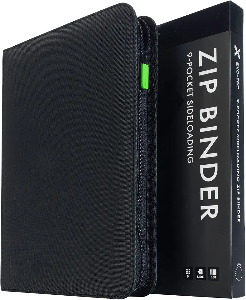 Vault X 9 Pocket Zip Trading Card Binder 360 Cards Exo-Tec (Black) | Holds 360 standard-size TCG cards in 20 side-loading 9-pocket pages. Padded, water-resistant Exo-Tec cover.