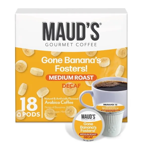 Maud's Decaf Banana Flavored Coffee Pods, 18 ct, Decaffeinated Medium Roast Flavored Coffee in Single Serve Pods 100% Arabica Beans, Compatible with Keurig K Cups Maker