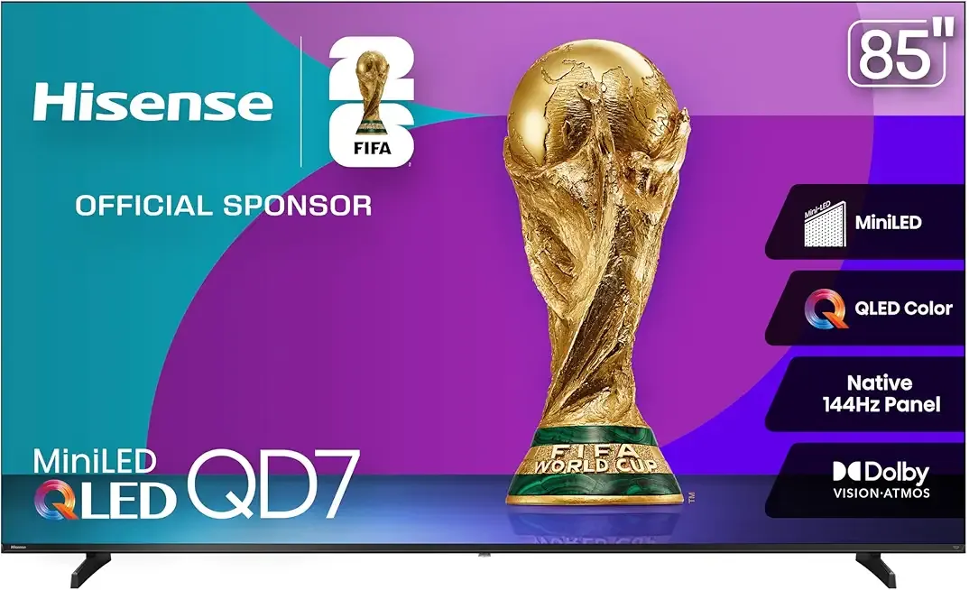 Hisense 85" Class QD7 Series Mini-LED 4K UHD Smart Fire TV (85QD7QF, 2025 Model) - QLED, Native 144hz, HDR10+, Dolby Vision, Dolby Atmos, Game Mode Pro, ALLM, Alexa Built in with Voice Remote, MEMC