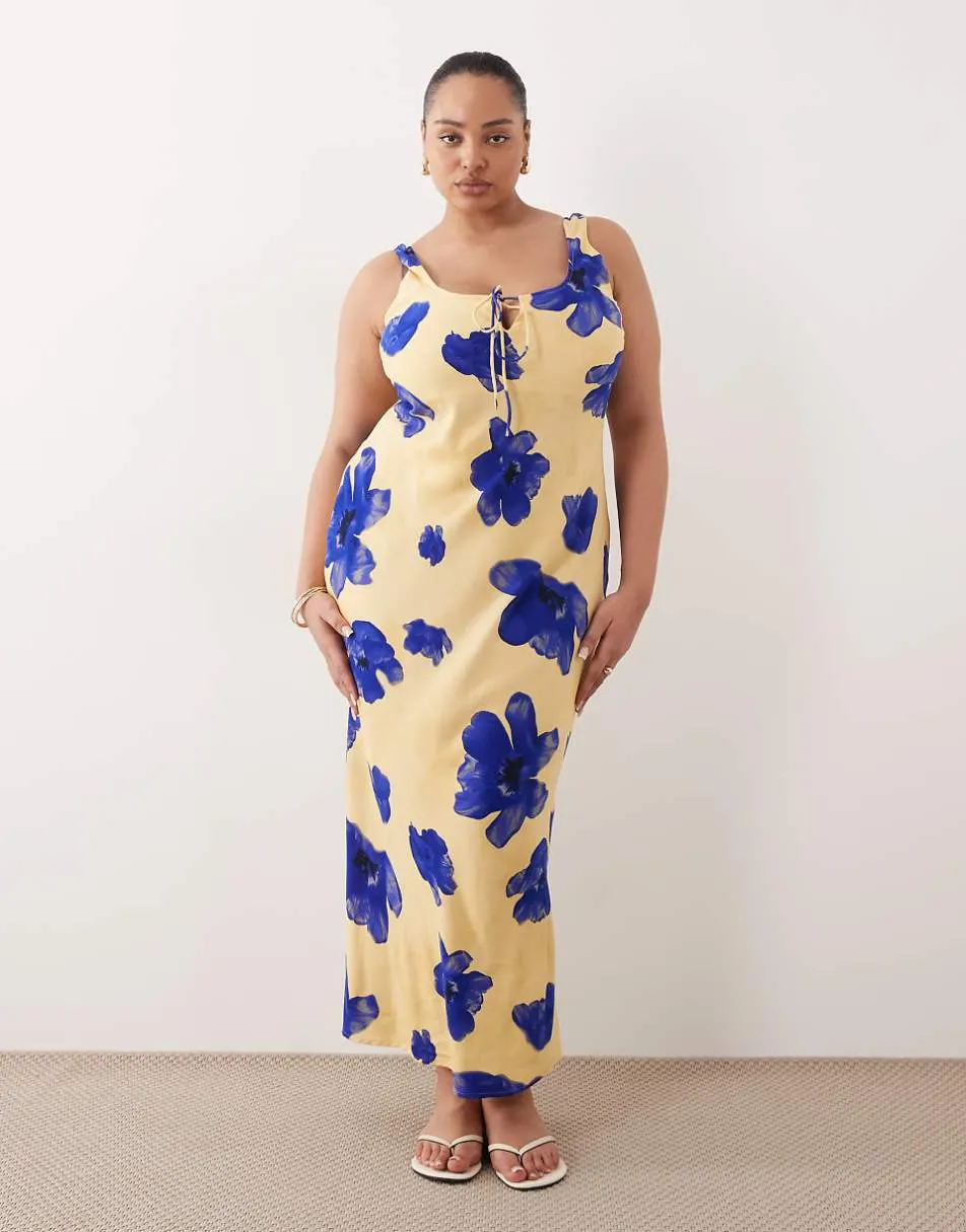 ASOS DESIGN Curve scoop neck tie front midi dress in blown out blue floral
