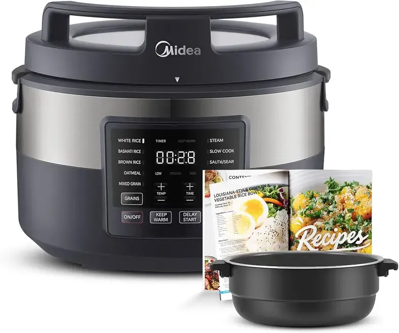 Midea Rice Cooker for 8-Cups Uncooked Rice with 10 Multifunction Cooking Programs Including Sauteing, Steaming, and Simmering, Features a Non-Stick Inner Pot with Handles and Glass Lid