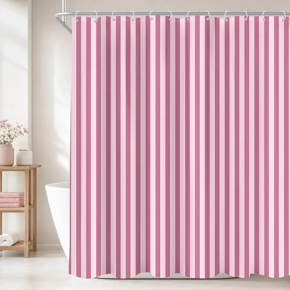 Pink Purple Striped Abstract Geometry Bathroom Shower Curtain Set | 72"W x 72"H; waterproof HD print, quick-dry fabric and plastic hooks for easy setup.