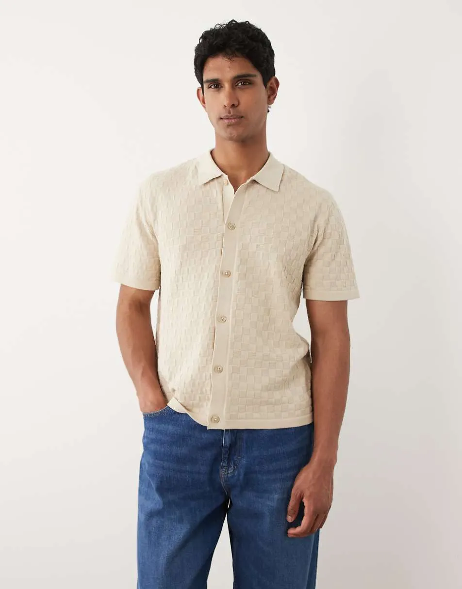 BLEND regular fit diamond knit button up polo in bleached sand