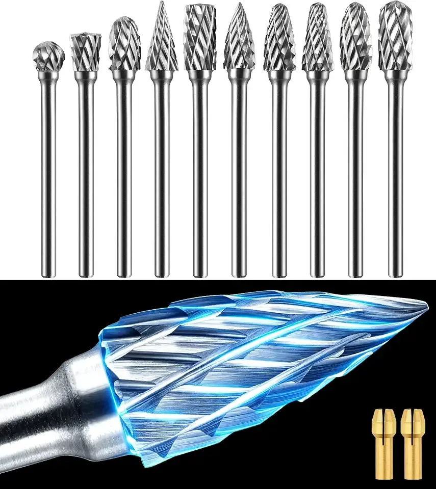 Sworker 10 Pcs Carbide Burr Set 1/8" Shank w/ 2 Collets Compatible with Dremel Bits Rotary Tools Attachment Kit Rasp Drill File Accessories Metal Wood Stone Steel Grinding Carving Cutting Polishing