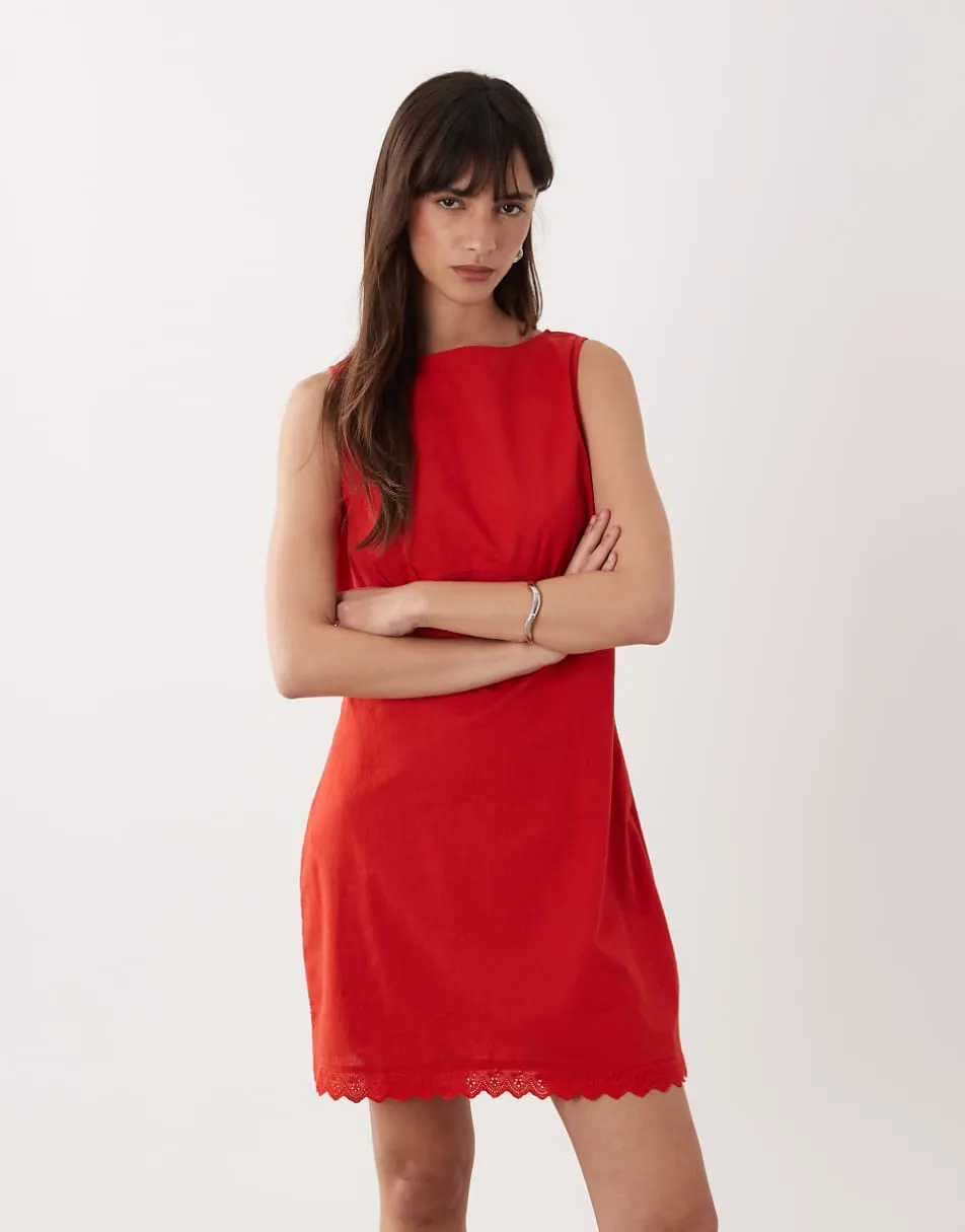 ASOS DESIGN slash neck mini sundress with sculpted bust and broderie hem in tomato red