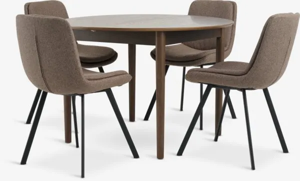 MARSTRAND + MELBY MARSTRAND Ø110 tafel donker eik+ 4 MELBY stoelen lichtbruin