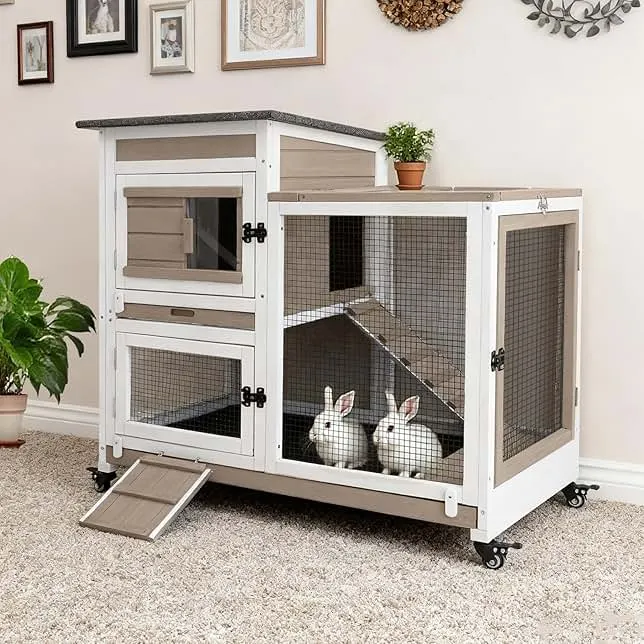 Gowoodhut 40" L Rabbit Hutch Indoor Wooden Bunny Hutch Outdoor 2 Story Rabbit Cage on Metal Wheels with Run and 2 Deeper Pull Out Trays G…