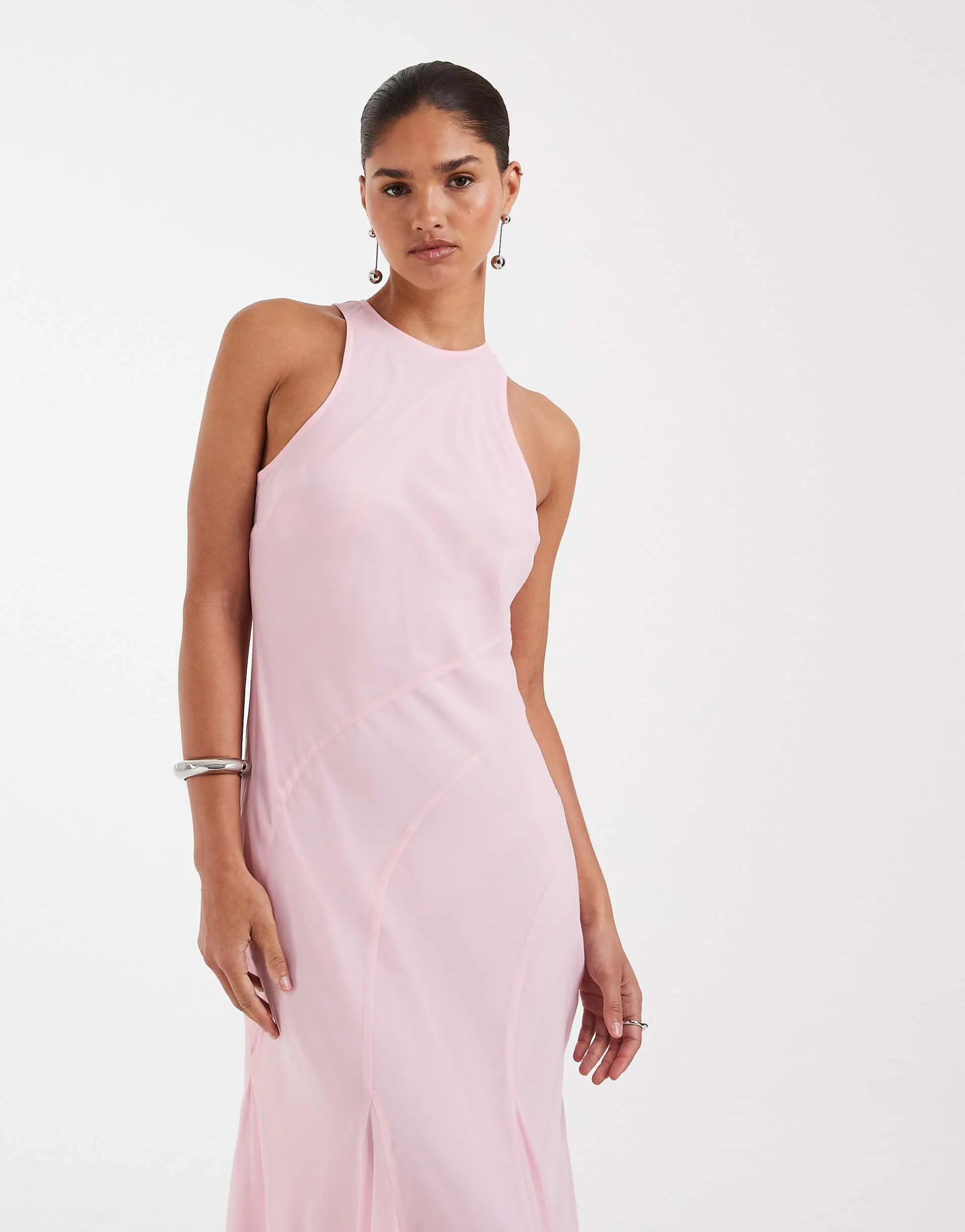 ASOS DESIGN racer neck bias maxi dress with godet hem in soft pink
