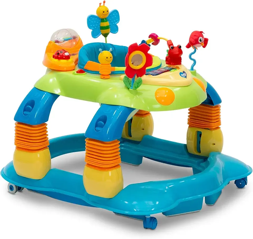 Delta Children Lil Play Station 4-in-1 Activity Walker - Rocker, Activity Center, Bouncer, Walker - Adjustable Seat Height - Fun Toys for Baby, Blue