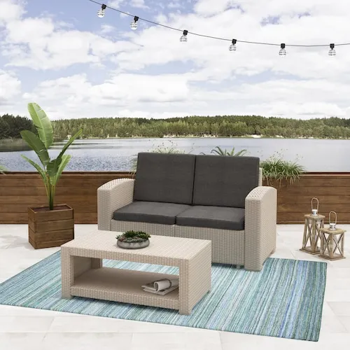 2pc All-Weather Beige Loveseat Patio Set with Dark Grey Cushions