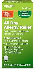 Amazon Basic Care All Day Allergy, Cetirizine Hydrochloride Tablets, 10 mg, 24-Hour Relief for Sneezing, Runny Nose, Itchy Eyes & Throat, Indoor & Outdoor Allergy Relief, 365 Count