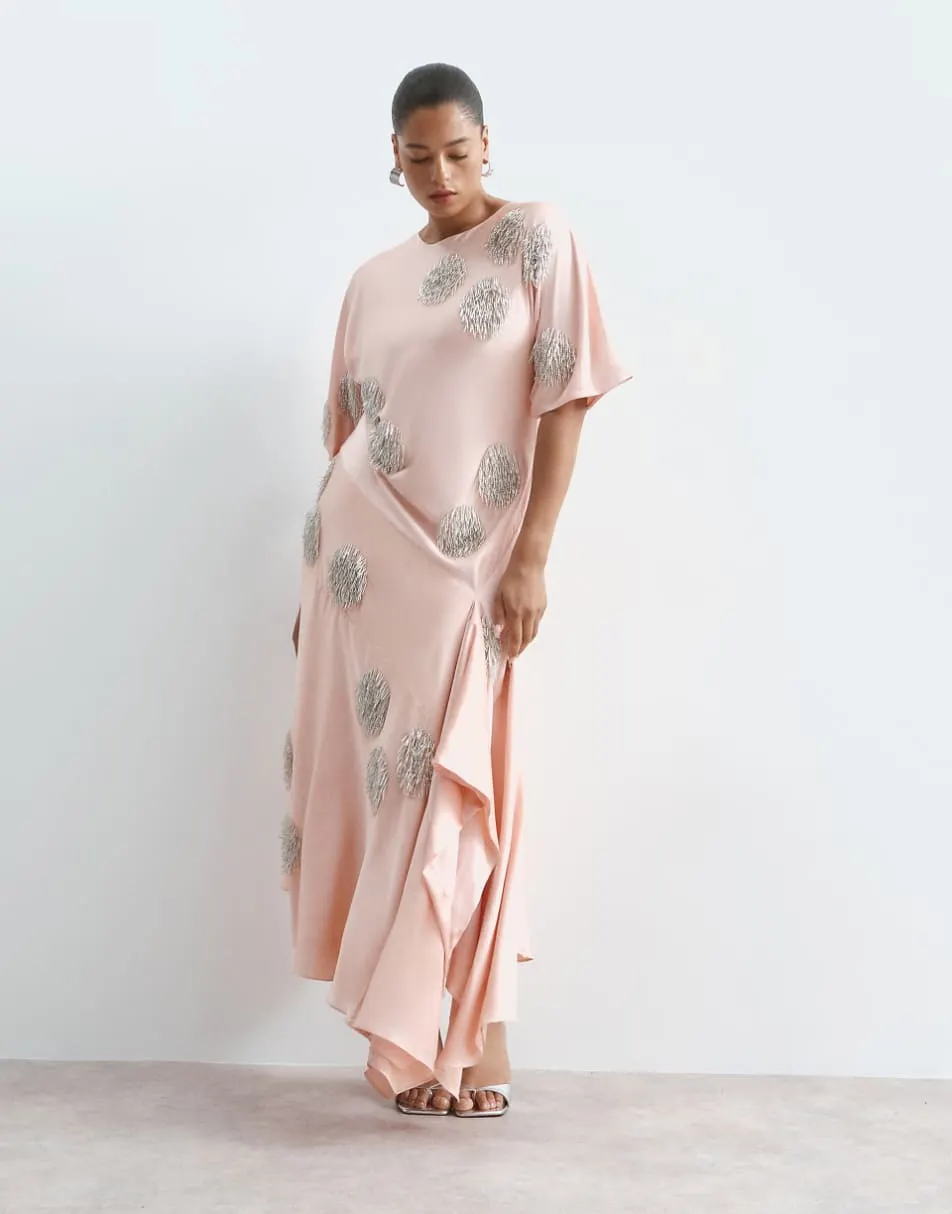 ARRANGE Curve satin maxi dress with embellished spot in peach
