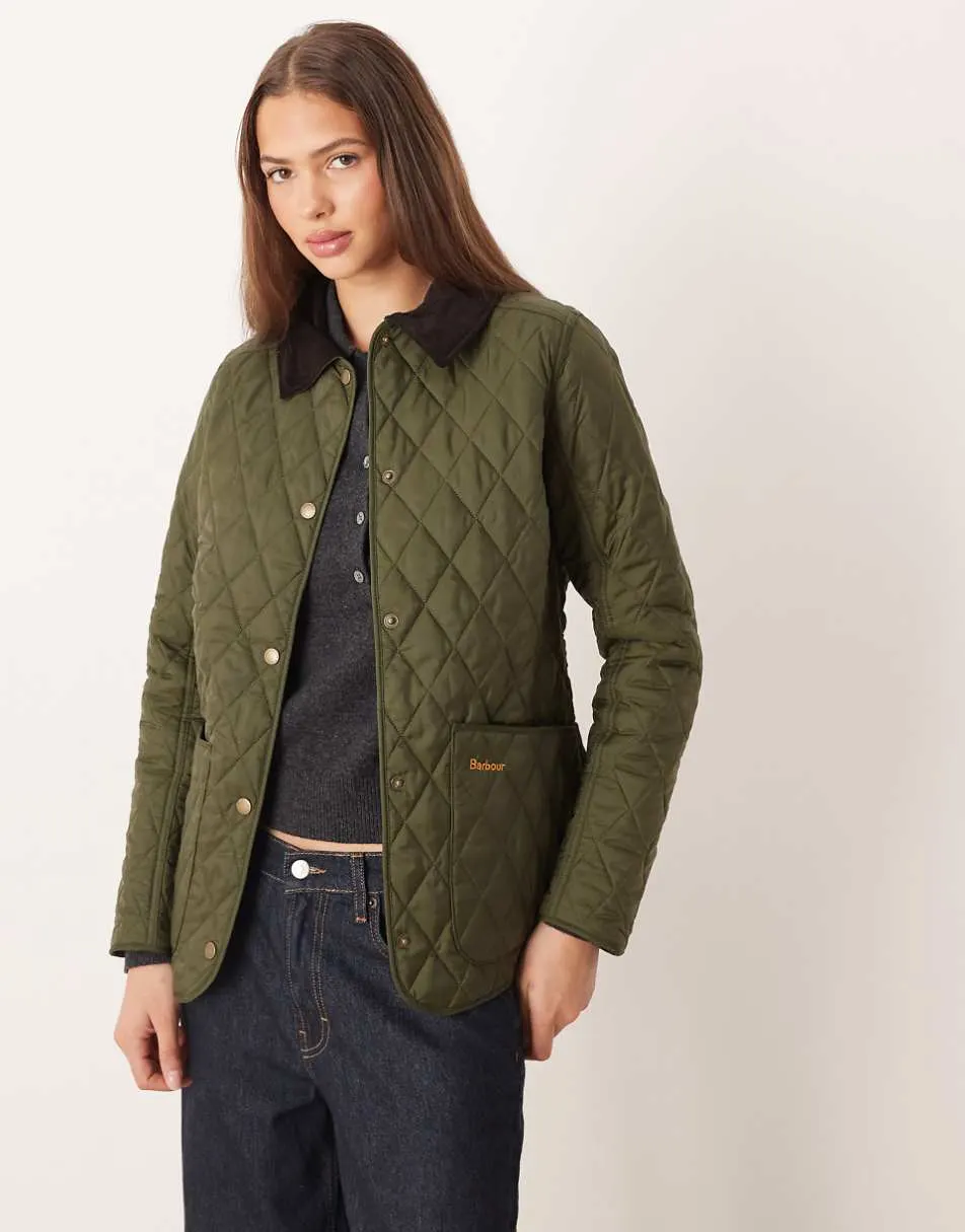 Barbour Annandale diamond quilt jacket with cord collar in olive