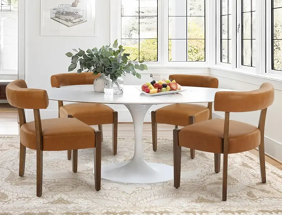 Modern Dining Chairs Set of 4, Faux Leather Upholstered Kitchen & Dining Room Chairs, Mid Century Modern Wooden Dining Chairs Oversized Sturdy Rounded Chairs Curved Back, Brown