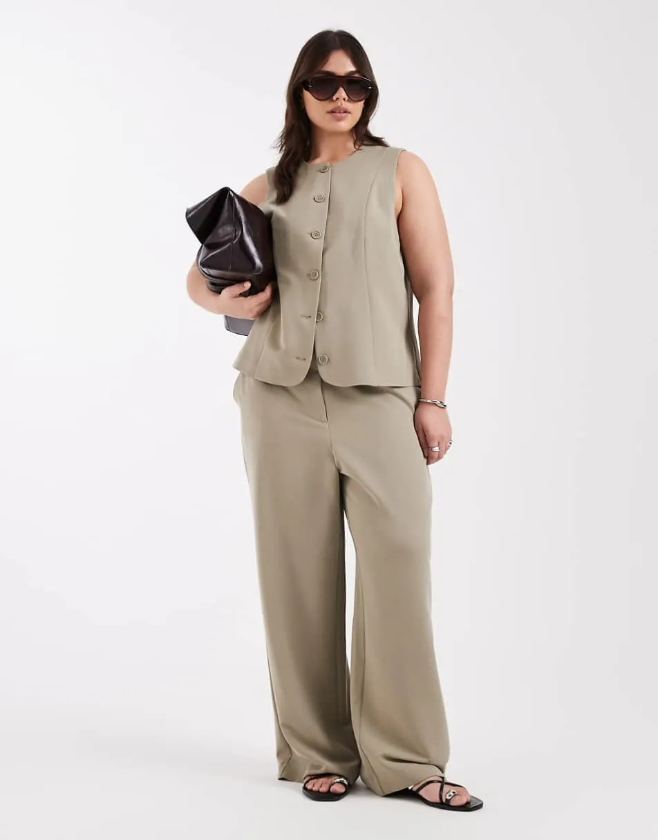 Pieces Curve tailored high waist wide leg trousers co-ord in pale khaki green