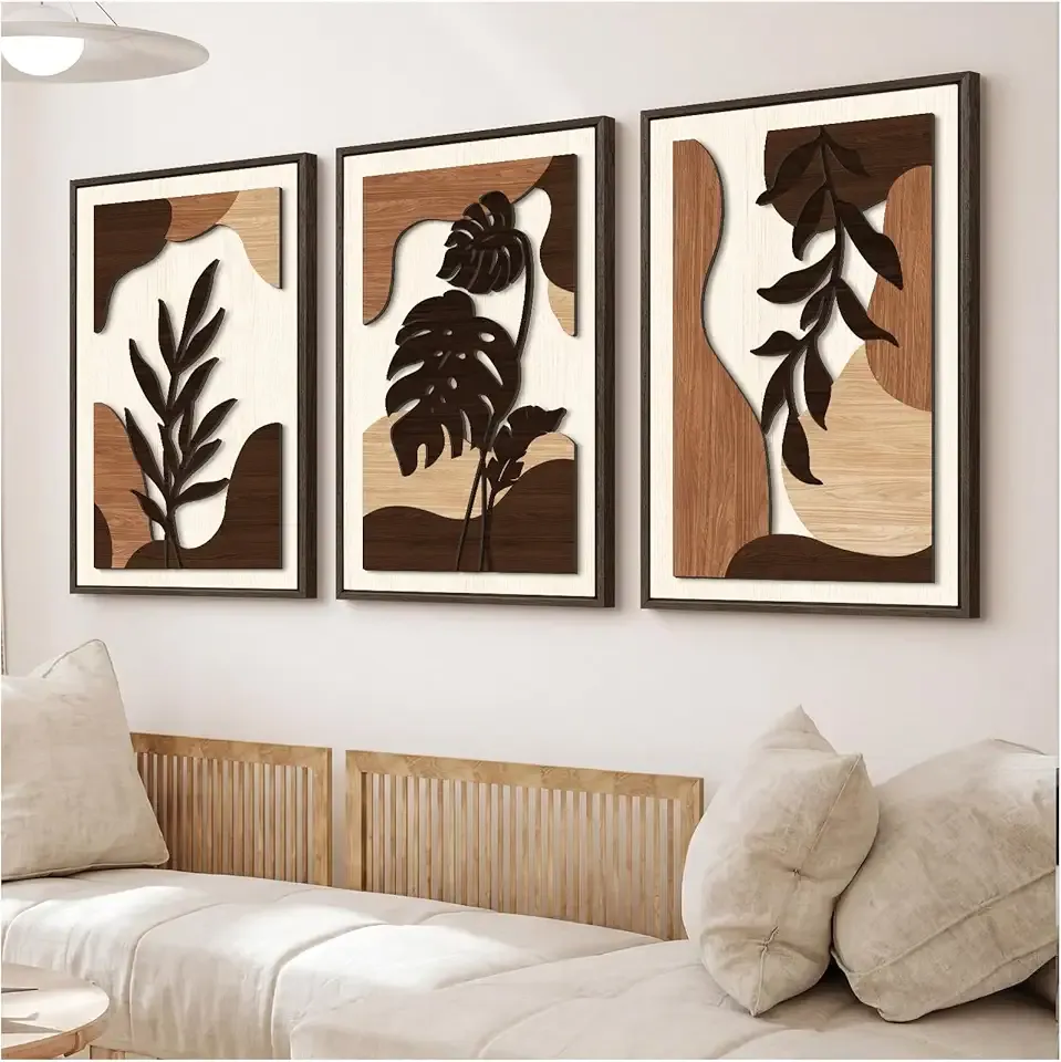 VIYYIEA 3D Textured Wood Wall Art, 3 Piece Large Wall Decor, Boho Artwork for Living Room Bedroom, Modern Landscape Painting, Enchanted Woods, 24" L x 48" W