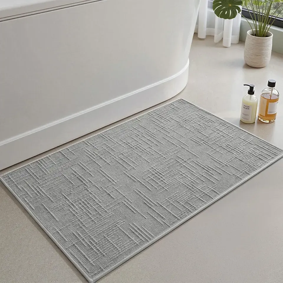 AMOAMI Bath Mat Non Slip Super Absorbent Quick Dry Bath Mats for Bathroom Floor Rubber Backing Washable Bathroom Rugs Modern Woven Jacquard Mat, Beside Tub Bath Rugs, 17" x 24", LightGrey