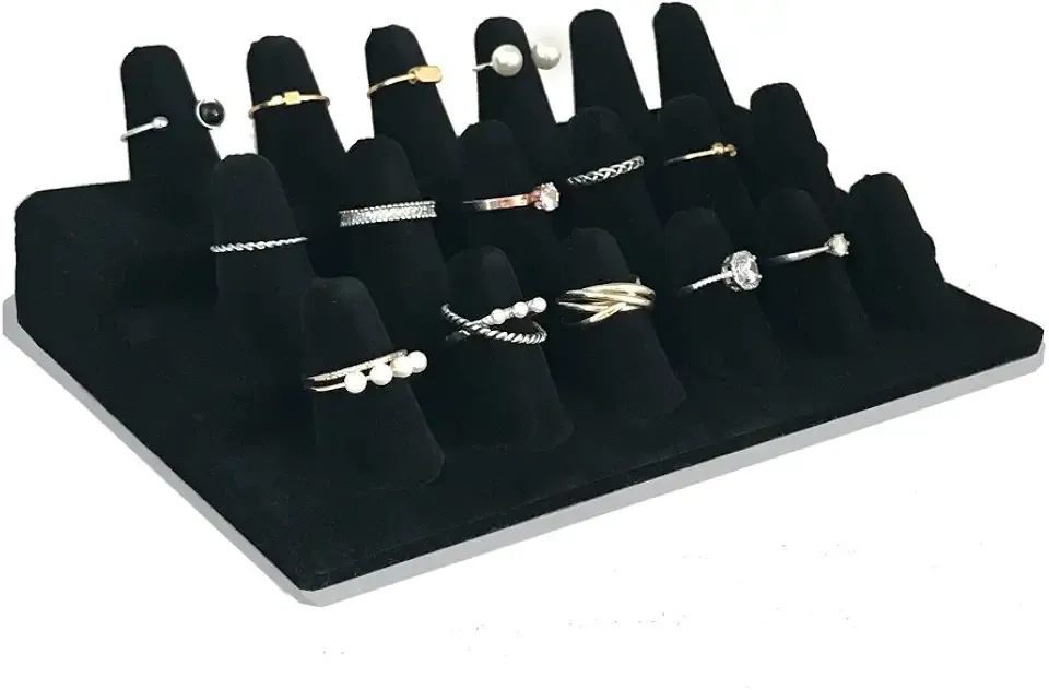 7TH VELVET 18 Fingers Ring Display, Black Velvet 3 Step Ring Stand, for Showcase Jewelry Organizer Jewelry Storage Counter