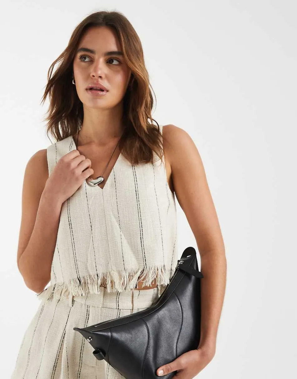 ASOS DESIGN Tailored fringe hem v neck shell top in natural stripe